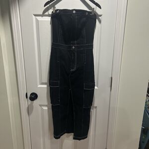 No Vacancy Black Strapless Utility Cargo Midi Dress White Stitch Size M